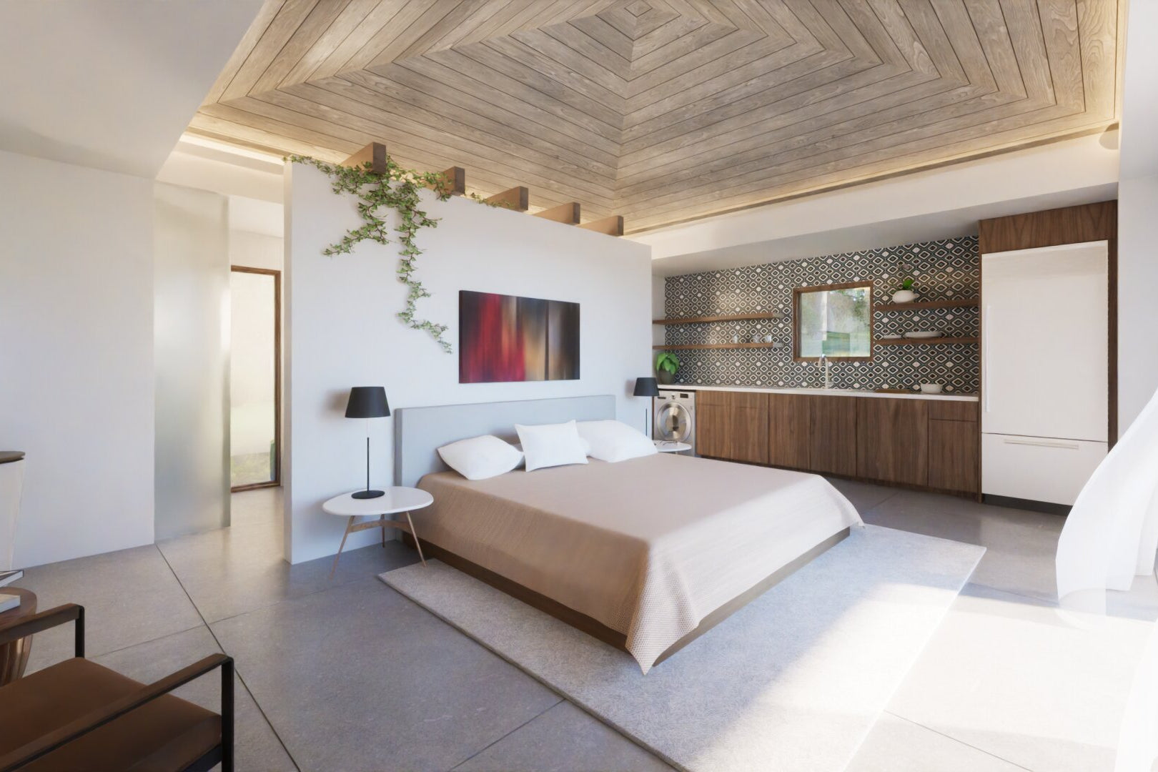 guest house pool cabana interior kitchen view perspective