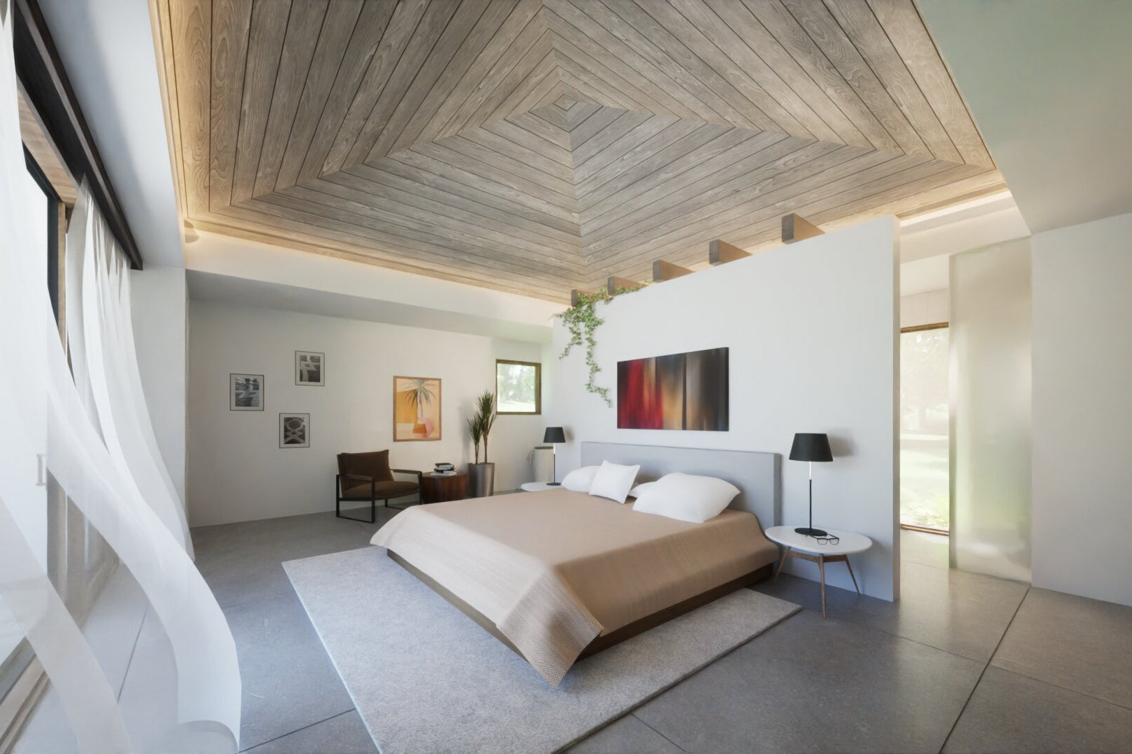 guest house pool cabana interior perspective from kitchen